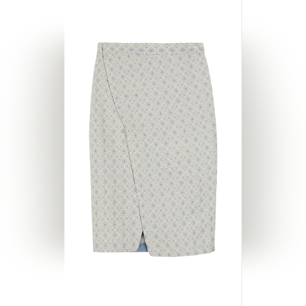 Ballantyne Blue & Cream Midi Pencil Skirt with Asymmetrical Slit